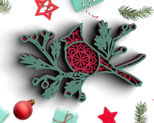 3D Christmas Cardinal SVG DXF 4 Layer-Rishasart