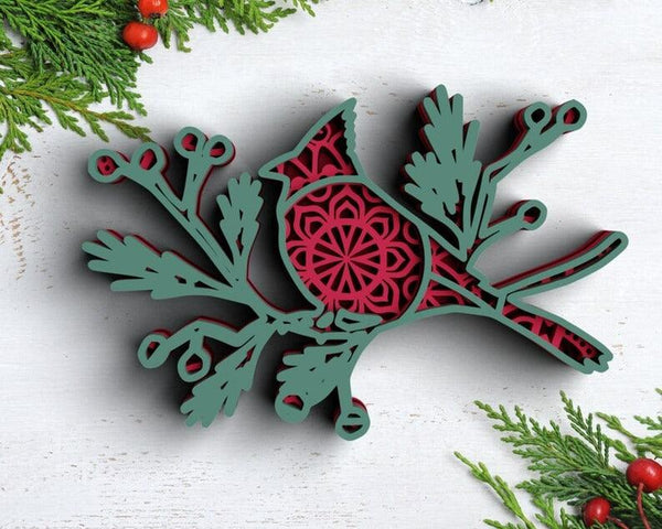 3D Christmas Cardinal SVG DXF 4 Layer-Rishasart