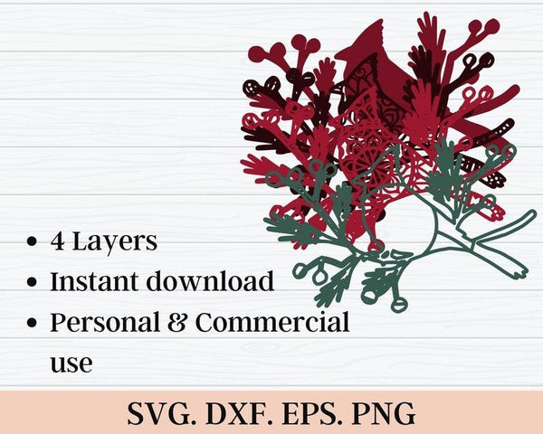 3D Christmas Cardinal SVG DXF 4 Layer-Rishasart