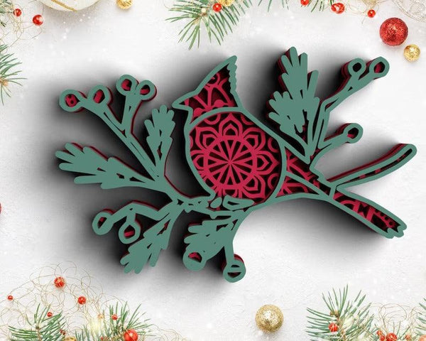 3D Christmas Cardinal SVG DXF 4 Layer-Rishasart