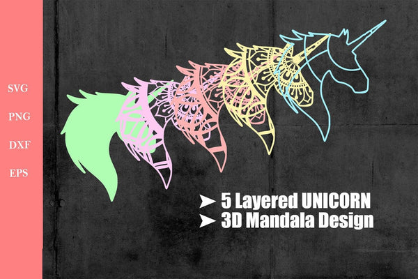 Unicorn Face Svg 5 Layer - Unicorn Mandala SVG - 3D Layered Svg files for Cricut-Rishasart