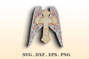 Layered Cross SVG DXF 8 Layers  - Angel Wings Svg 3D-Rishasart