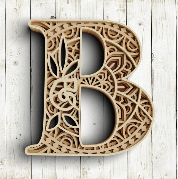 Layered Floral Alphabet SVG DXF - Letter B 3D Mandala Svg-Rishasart