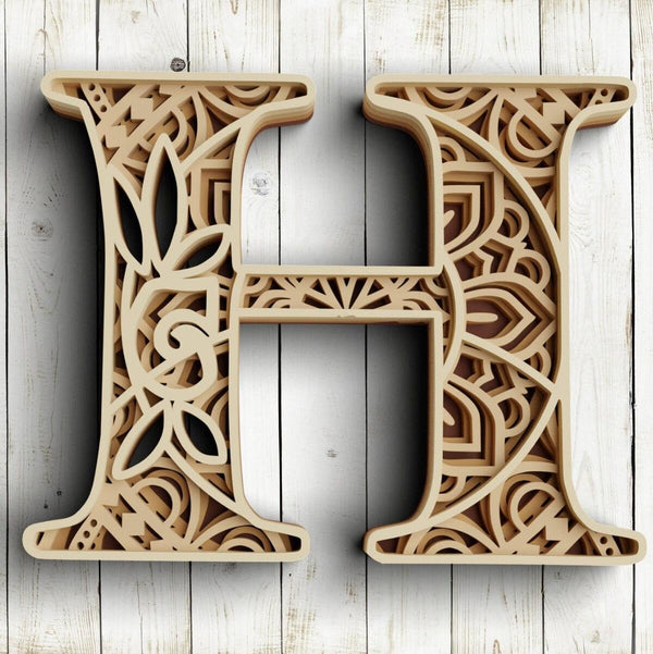 Layered Floral Alphabet SVG DXF - Letter H 3D Mandala Svg-Rishasart