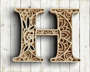 Layered Floral Alphabet SVG DXF - Letter H 3D Mandala Svg-Rishasart