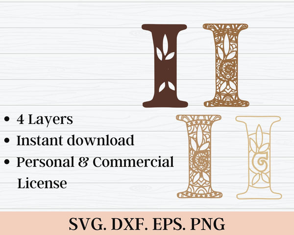 Layered Floral Alphabet SVG DXF - Letter I 3D Mandala Svg-Rishasart