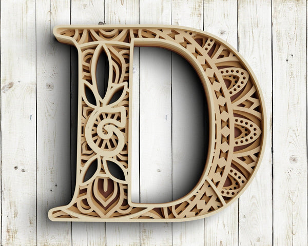 Layered Floral Alphabet SVG DXF - Letter D 3D Mandala Svg-Rishasart