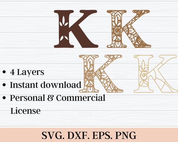 Layered Floral Alphabet SVG DXF - Letter K 3D Mandala Svg-Rishasart