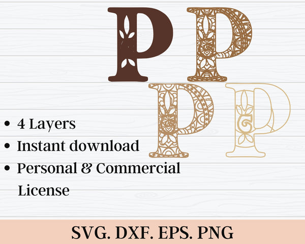 Layered Floral Alphabet SVG DXF - Letter P 3D Mandala Svg-Rishasart