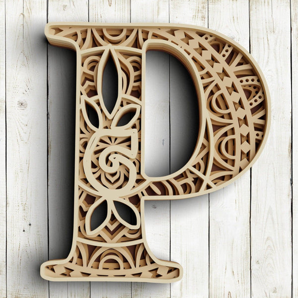 Layered Floral Alphabet SVG DXF - Letter P 3D Mandala Svg-Rishasart