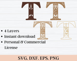 Layered Floral Alphabet SVG DXF - Letter T 3D Mandala Svg-Rishasart