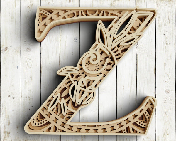 Layered Floral Alphabet SVG DXF - Letter Z 3D Mandala Svg-Rishasart