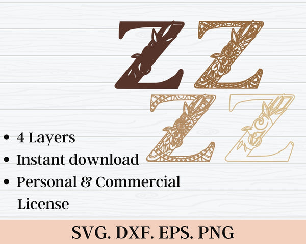 Layered Floral Alphabet SVG DXF - Letter Z 3D Mandala Svg-Rishasart