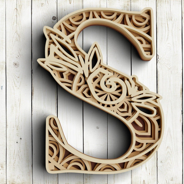 Layered Floral Alphabet SVG DXF - Letter S 3D Mandala Svg - Layered Mandala Svg Dxf-Rishasart