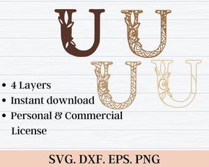 Layered Floral Alphabet SVG DXF - Letter U 3D Mandala Svg-Rishasart