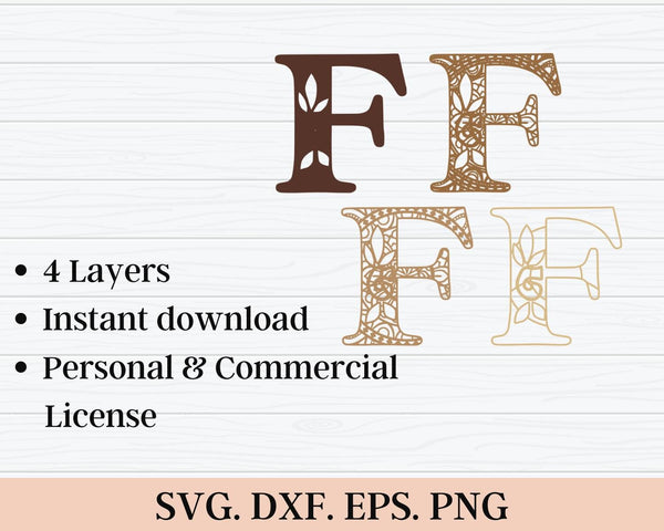 Layered Floral Alphabet SVG DXF - Letter F 3D Mandala Svg-Rishasart