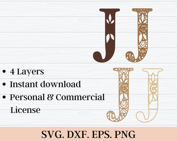 Layered Floral Alphabet SVG DXF - Letter J 3D Mandala Svg-Rishasart