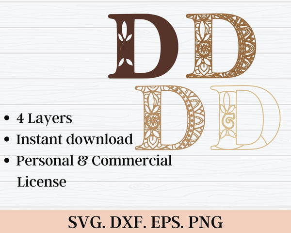 Layered Floral Alphabet SVG DXF - Letter D 3D Mandala Svg-Rishasart