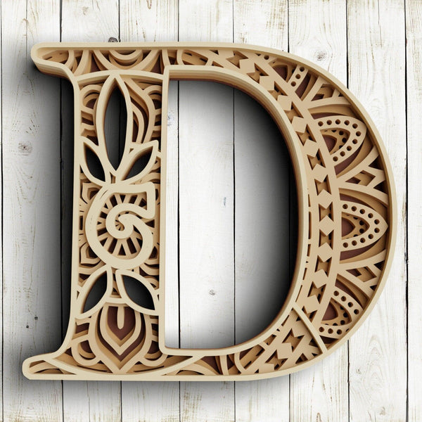 Layered Floral Alphabet SVG DXF - Letter D 3D Mandala Svg-Rishasart