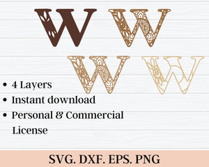 Layered Floral Alphabet SVG DXF - Letter W 3D Mandala Svg-Rishasart