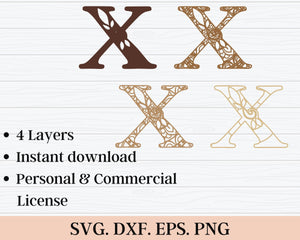 Layered Floral Alphabet SVG DXF - Letter X 3D Mandala Svg-Rishasart