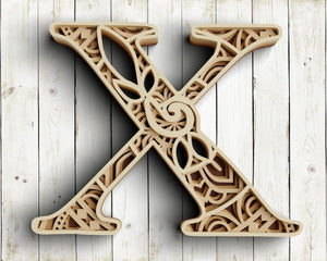 Layered Floral Alphabet SVG DXF - Letter X 3D Mandala Svg-Rishasart