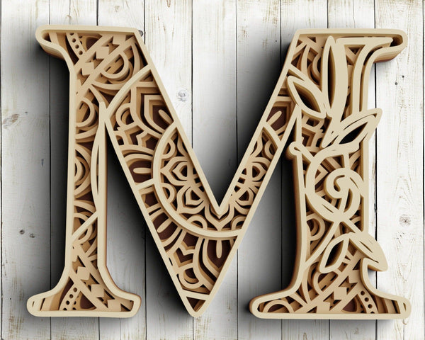 Layered Floral Alphabet SVG DXF - Letter M 3D Mandala Svg-Rishasart