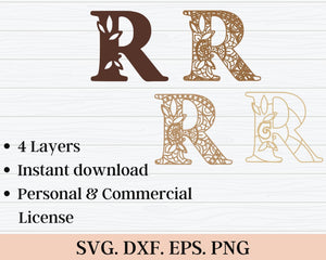 Layered Floral Alphabet SVG DXF - Letter R 3D-Rishasart