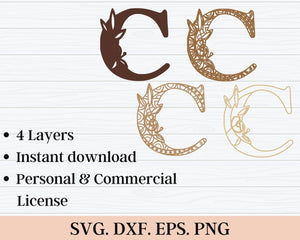 Layered Floral Alphabet SVG DXF - Letter C 3D Mandala Svg - Layered Mandala Svg Dxf-Rishasart