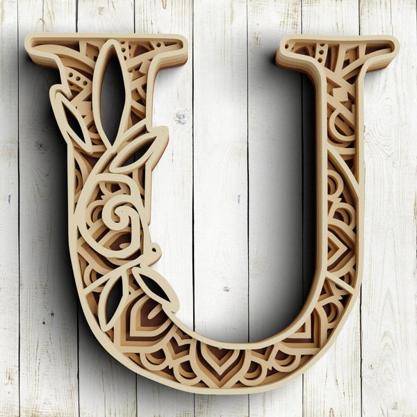 Layered Floral Alphabet SVG DXF - Letter U 3D Mandala Svg-Rishasart