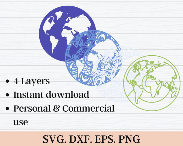 3D Earth SVG DXF 4 Layers - World Map Svg-Rishasart