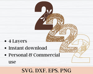 Layered Floral Numbers SVG DXF - Number 2 3D Mandala Svg - Layered Mandala Svg - Laser Cut DXF, Cricut Projects-Rishasart