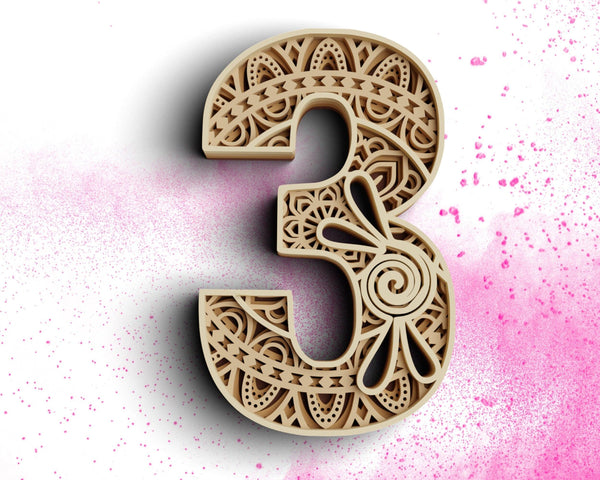 Layered Floral Numbers SVG DXF - Number Three 3D Mandala Svg - Layered Mandala Svg - Laser Cut DXF, Cricut Projects-Rishasart