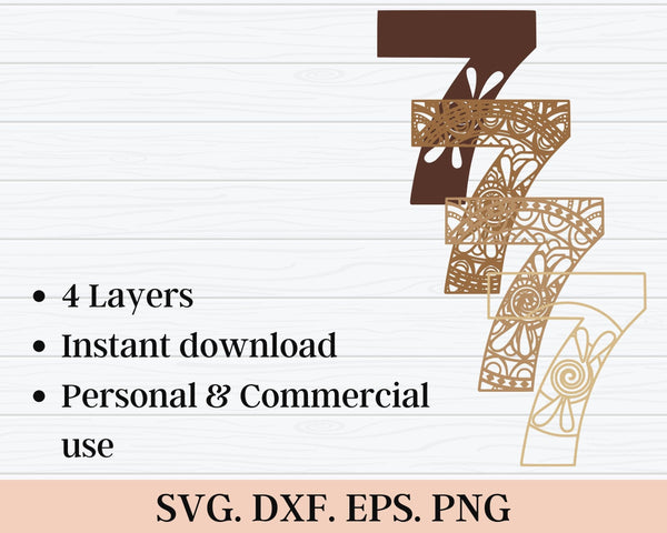 Layered Floral Number Seven SVG DXF - 3D Mandala Svg - Layered Mandala Svg - Laser Cut DXF, Cricut Projects, Silhouette-Rishasart