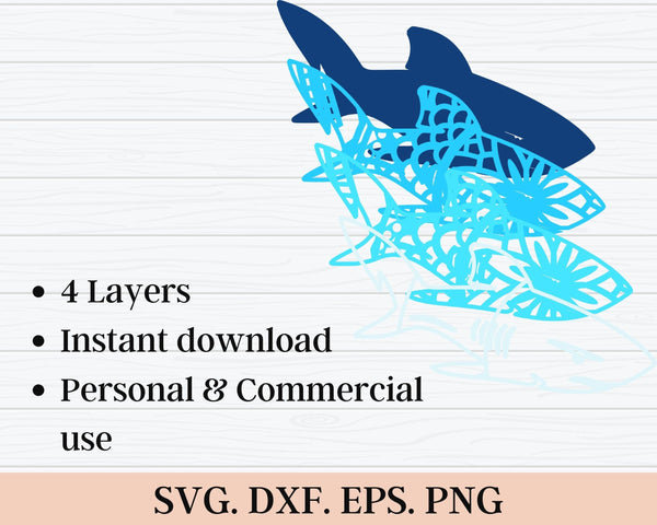 3D Shark SVG DXF 4 Layer - Ocean Svg-Rishasart