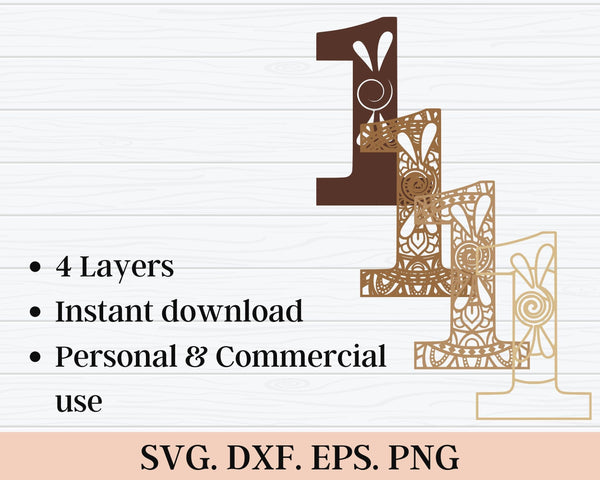 Layered Floral Numbers SVG DXF -  Number 1 3D Mandala Svg - Layered Mandala Svg - Laser Cut DXF, Cricut Projects-Rishasart