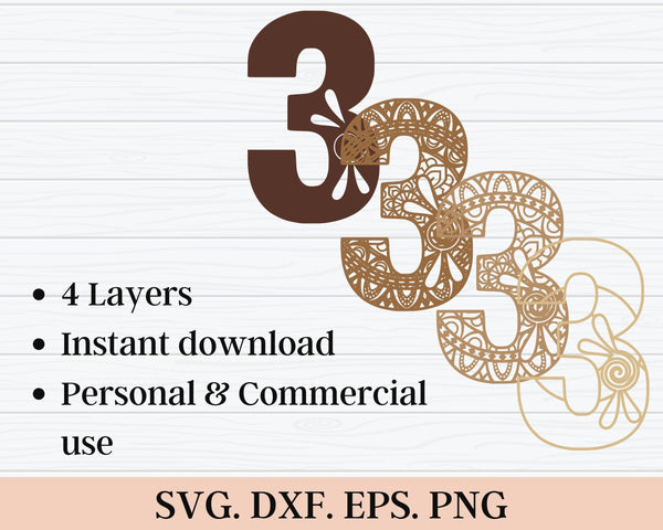 Layered Floral Numbers SVG DXF - Number Three 3D Mandala Svg - Layered Mandala Svg - Laser Cut DXF, Cricut Projects-Rishasart