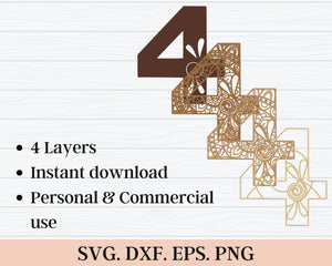 Layered Floral Number Four SVG DXF - 3D Mandala Svg - Layered Mandala Svg - Laser Cut DXF, Cricut Projects, Silhouette-Rishasart