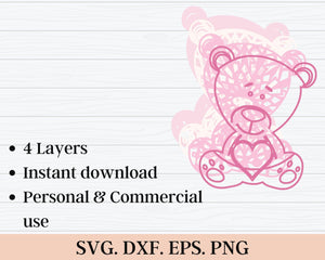 3D Valentine SVG DXF 4 Layer - Teddy Bear Svg-Rishasart