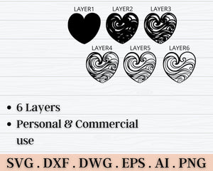 3D Heart SVG DXF 6 Layer - Ocean Svg-Rishasart