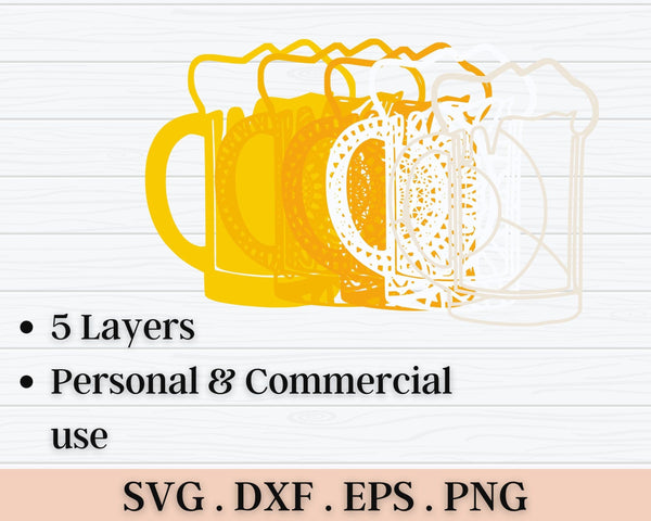 3D Beer Glass SVG DXF 5 Layer - Alcohol Svg 3D Mandala Svg - Layered Mandala Svg files for Cricut, Laser Cut-Rishasart