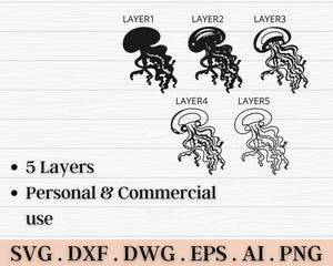 3D Jellyfish SVG DXF 5 Layer - Ocean Svg-Rishasart