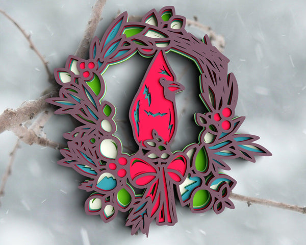 3D Cardinal Christmas Wreath SVG DXF 6 Layer-Rishasart