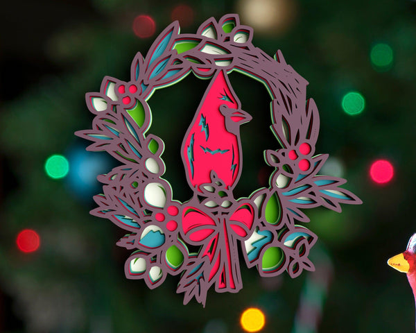 3D Cardinal Christmas Wreath SVG DXF 6 Layer-Rishasart