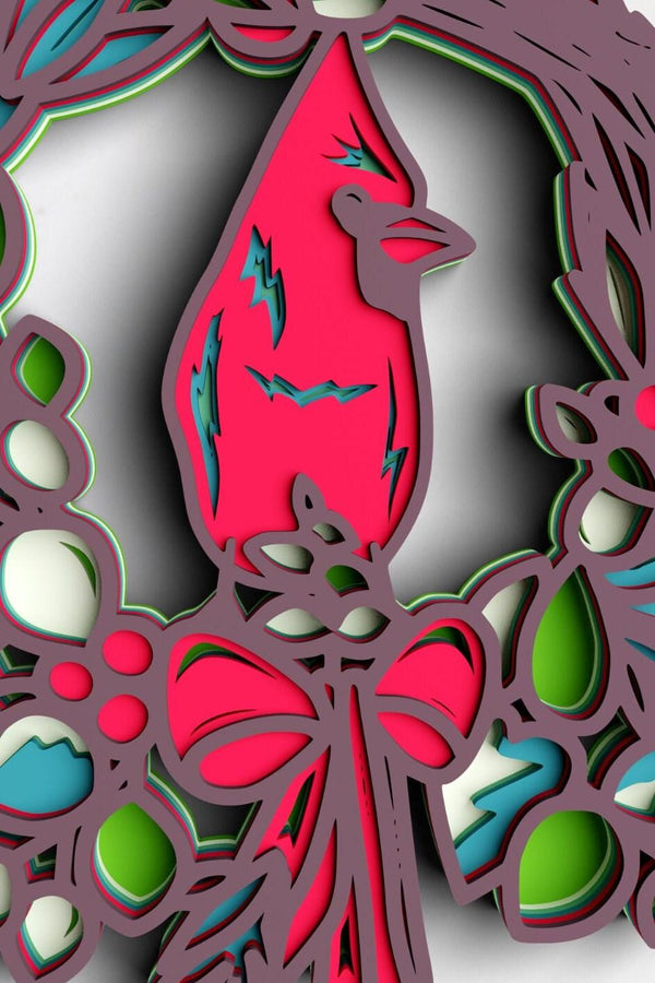 3D Cardinal Christmas Wreath SVG DXF 6 Layer-Rishasart