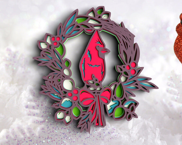 3D Cardinal Christmas Wreath SVG DXF 6 Layer-Rishasart