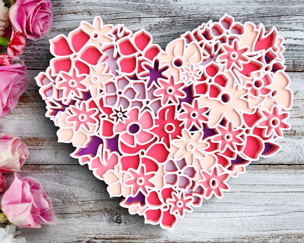 3D Floral Heart SVG DXF 6 Layer - Love Svg-Rishasart